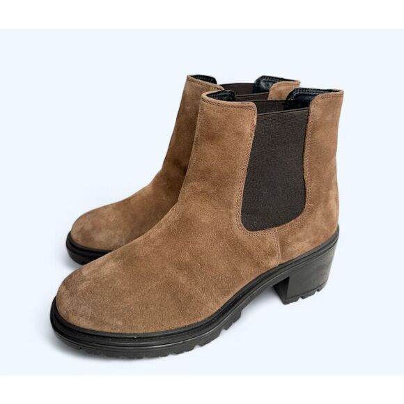 GEOX Leather Boots Size 9.5 Brown Ankle Chelsea Pull On Block Heel Booties NEW - Picture 1 of 12